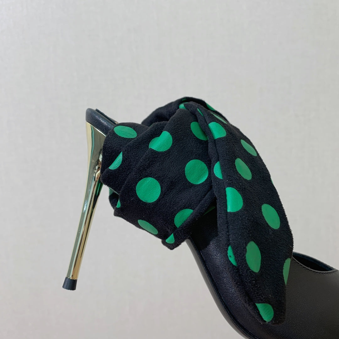 BALMAIN 25S BAKARI MULE WITH GREEN POLKA DOTS ON BLACK STRAP 95MM IN BLACK CALFSKIN - 36