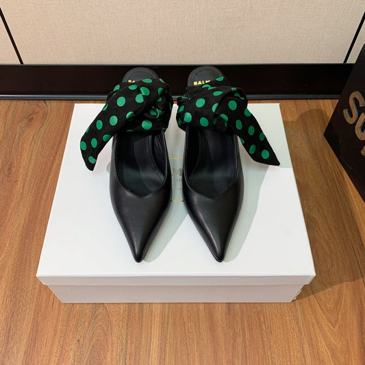 BALMAIN 25S BAKARI MULE WITH GREEN POLKA DOTS ON BLACK STRAP 95MM IN BLACK CALFSKIN - 36