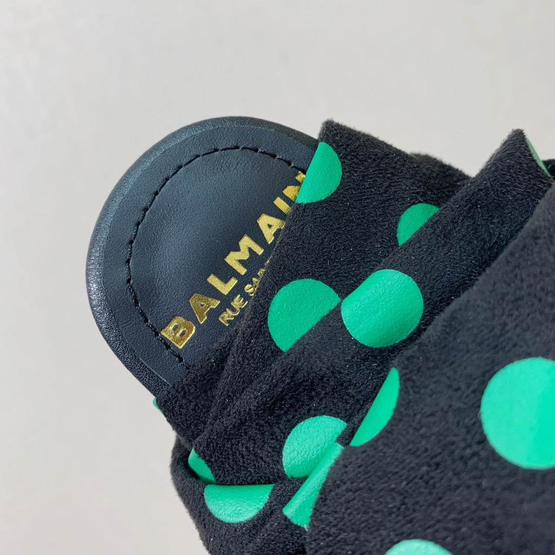 BALMAIN 25S BAKARI MULE WITH GREEN POLKA DOTS ON BLACK STRAP 95MM IN BLACK CALFSKIN - 36