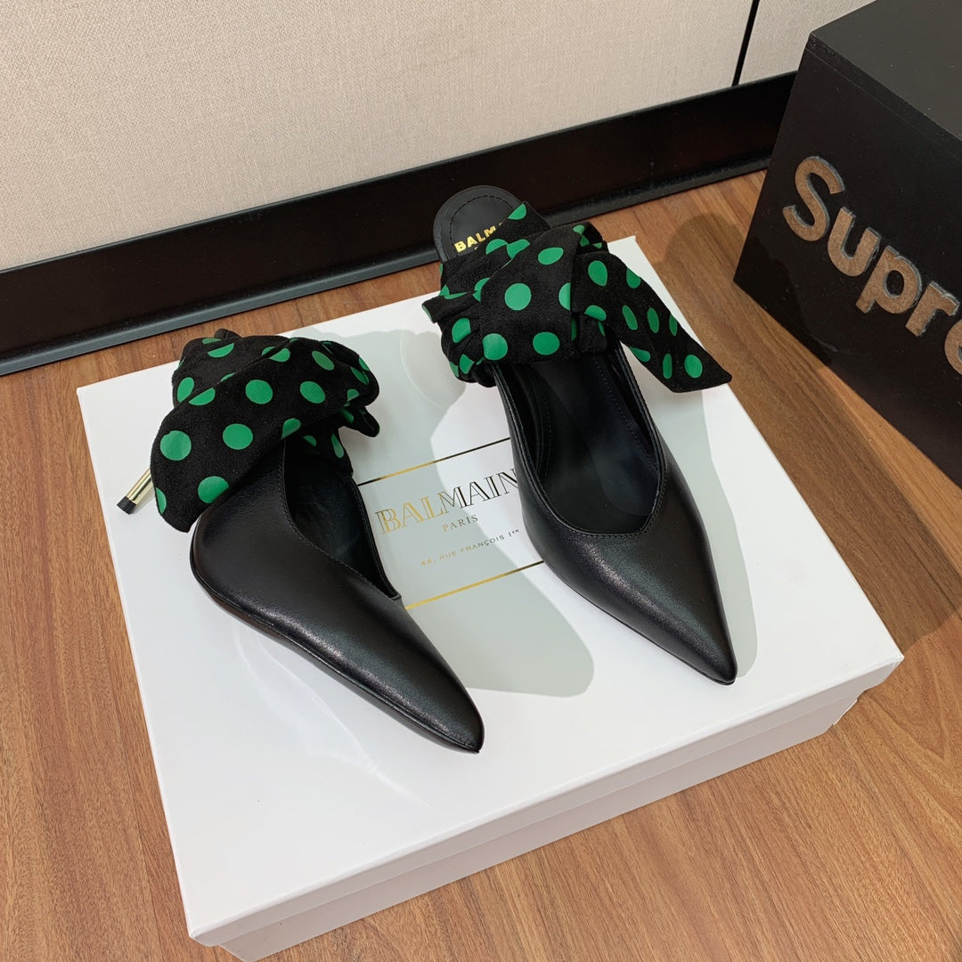BALMAIN 25S BAKARI MULE WITH GREEN POLKA DOTS ON BLACK STRAP 95MM IN BLACK CALFSKIN - 36