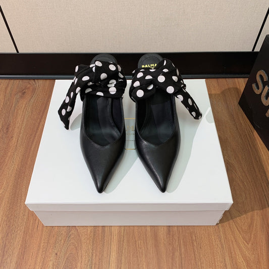 BALMAIN 25S BAKARI MULE WITH MONOCHROME POLKA DOT STRAP 95MM IN BLACK CALFSKIN - 36