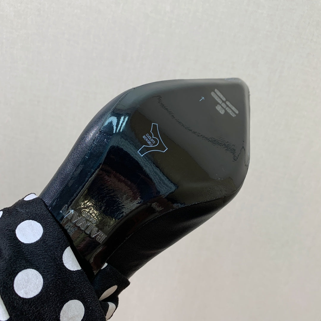 BALMAIN 25S BAKARI MULE WITH MONOCHROME POLKA DOT STRAP 95MM IN BLACK CALFSKIN - 36