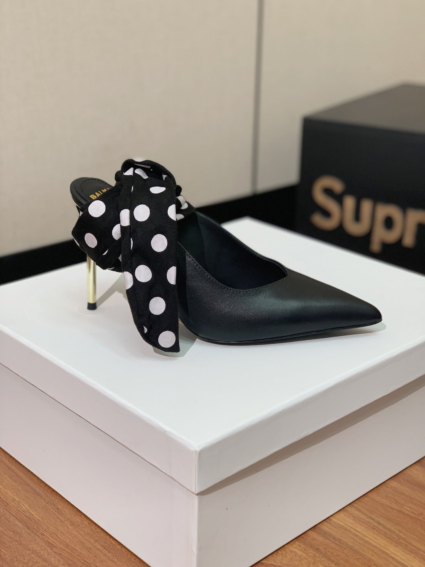 BALMAIN 25S BAKARI MULE WITH MONOCHROME POLKA DOT STRAP 95MM IN BLACK CALFSKIN - 36