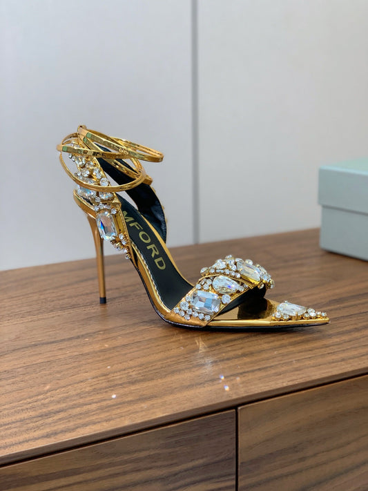 CRYSTAL HIGH HEELS IN GOLD ZP METALLIC PATENT LEATHER