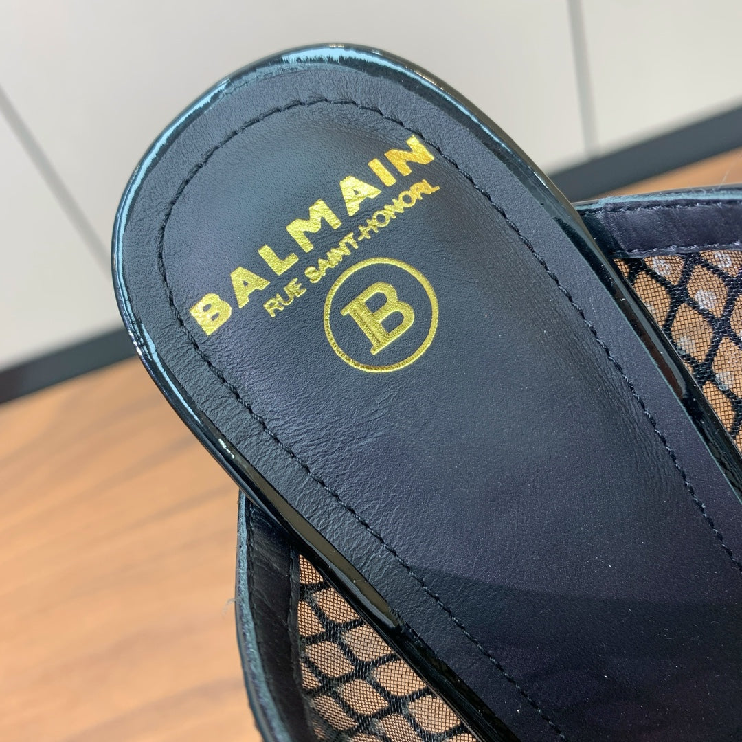 БОСОНІЖКИ BALMAIN 26S НА ПІДБОРАХ 95 ММ З ЧОРНОЇ СІТЧАСТОЇ ТКАНИНИ З КРИШТАЛЕВИМИ ПРИКРАСАМИ, СТИЛЬ 1