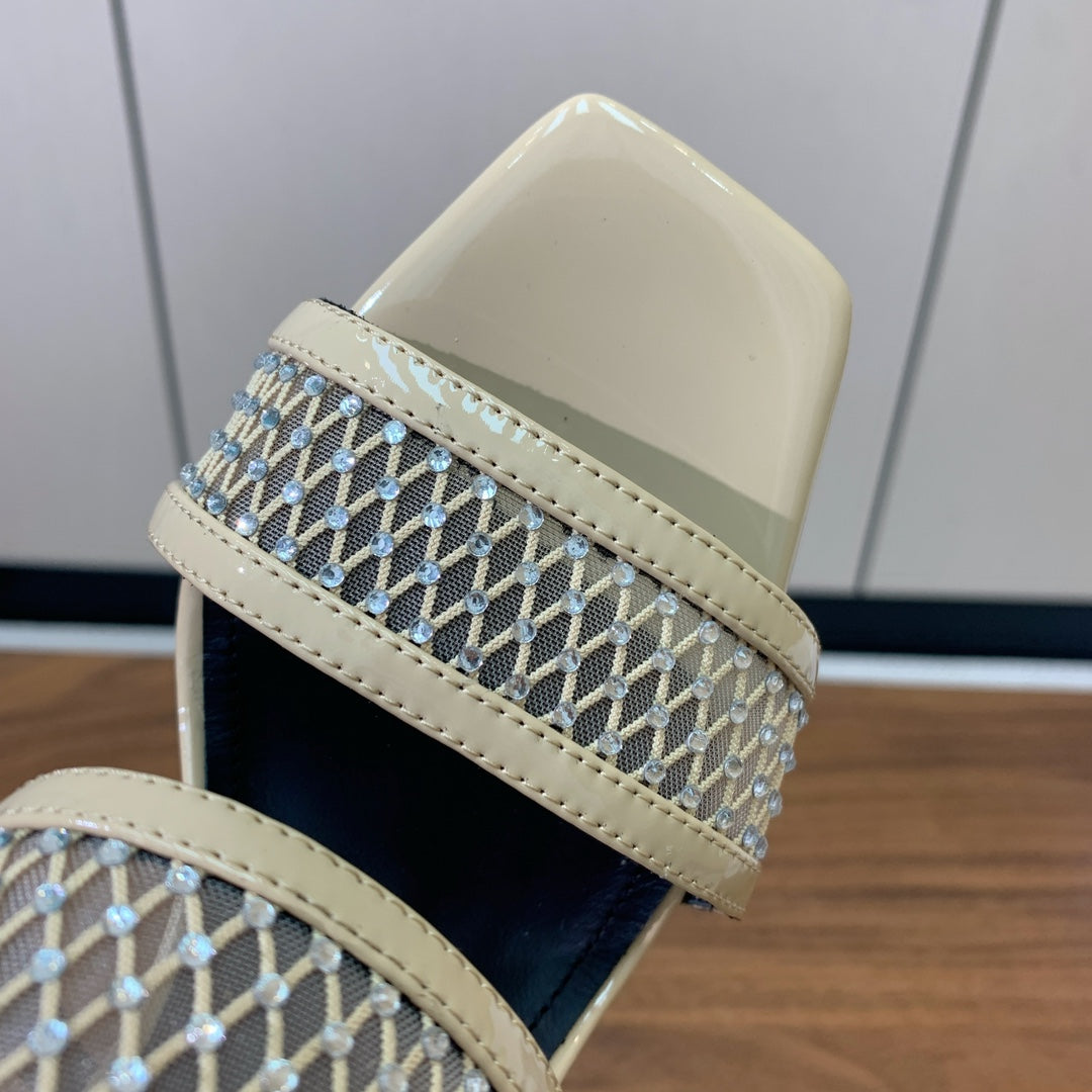 БОСОНІЖКИ BALMAIN 26S НА ПІДБОРАХ 95 ММ З БЕЖЕВОЇ СІТЧАСТОЇ ТКАНИНИ З КРИШТАЛЕВИМ ОЗДОБЛЕННЯМ