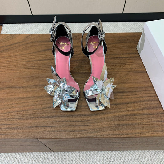 BALMAIN 25S БОСОНІЖКИ НА КАБЛУКАХ RUBY СРІБНІ 95 ММ З ЛАКОВАНОЇ ШКІРИ ТЕЛЯТИ - 36
