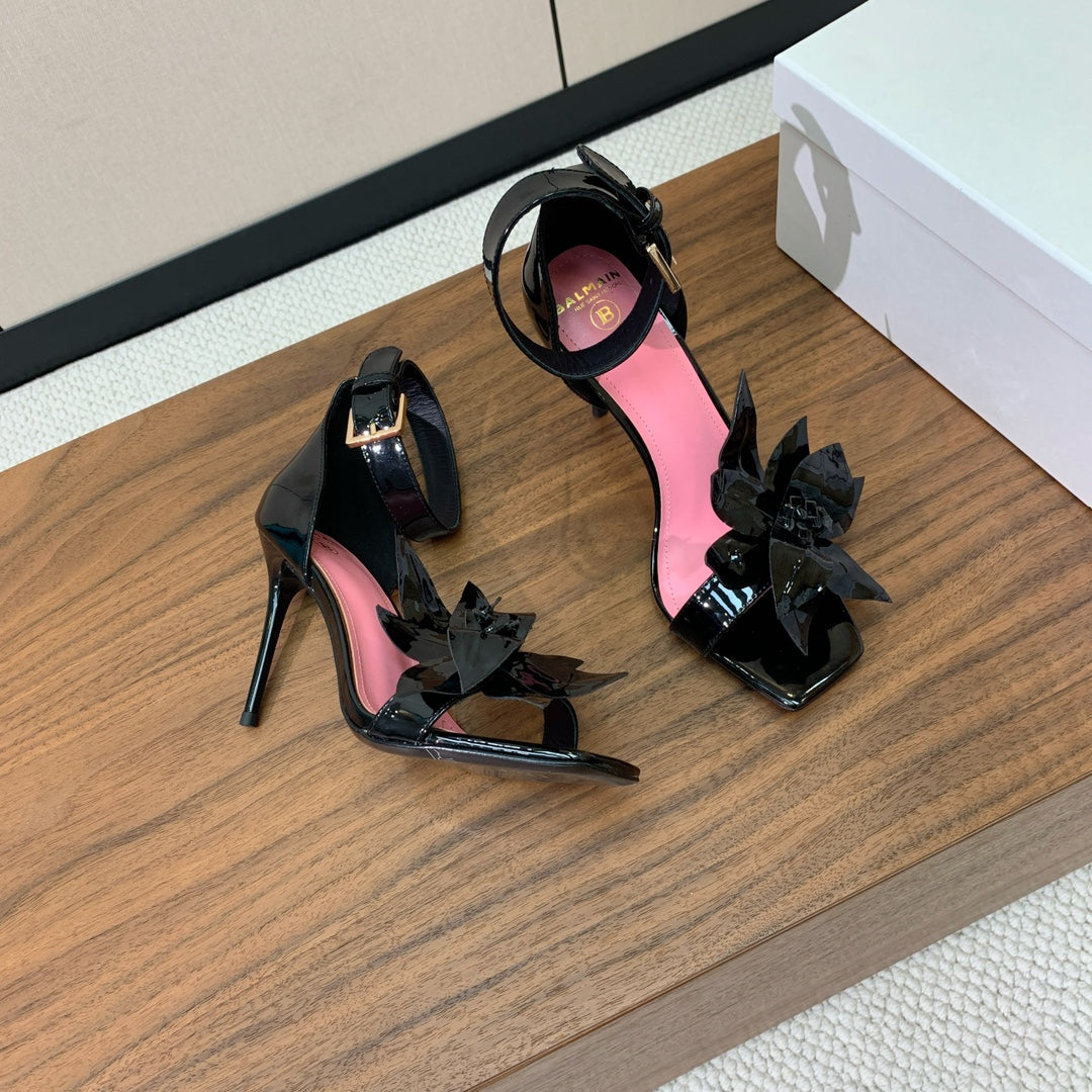 BALMAIN 25S RUBY BLACK HEELED SANDALS 95MM IN PATENT CALFSKIN - 36