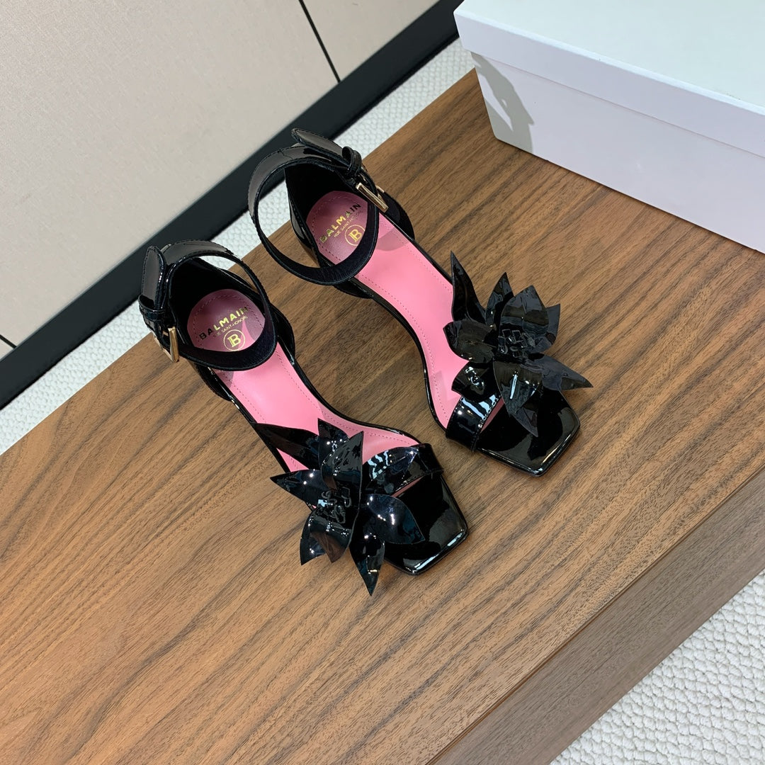 BALMAIN 25S RUBY BLACK HEELED SANDALS 95MM IN PATENT CALFSKIN - 36