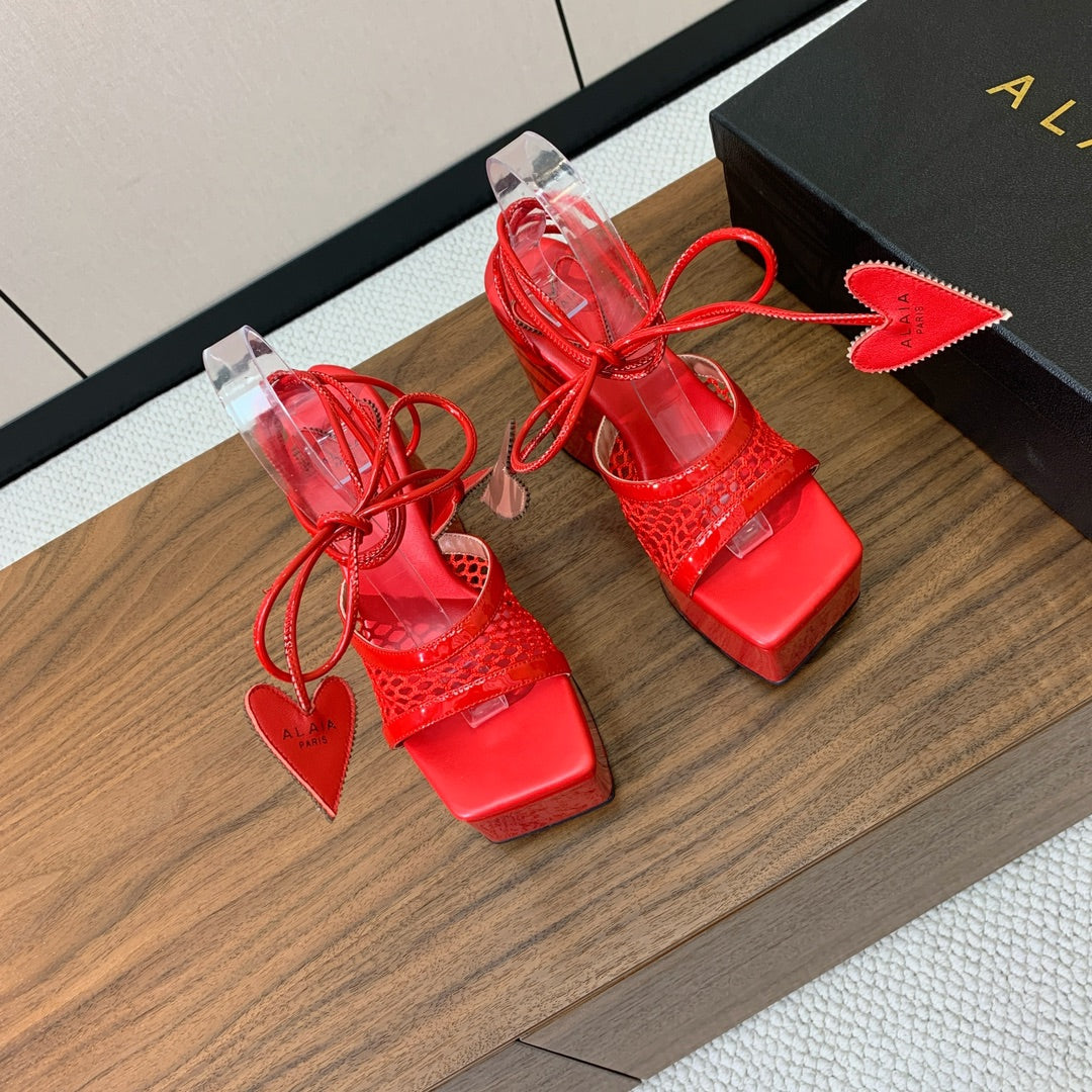 ALAIA BANQUET WEDGE SANDALS IN CHERRY RED LAMBSKIN WITH RED HEART - 35