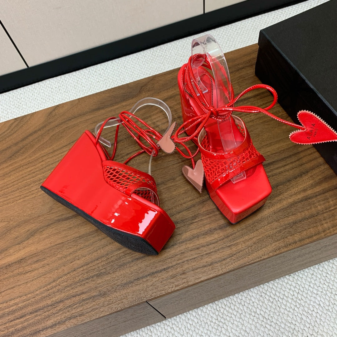 ALAIA BANQUET WEDGE SANDALS IN CHERRY RED LAMBSKIN WITH RED HEART - 35