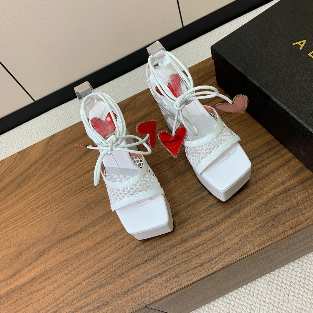 ALAIA BANQUET WEDGE SANDALS IN WHITE LAMBSKIN WITH RED HEART - 35