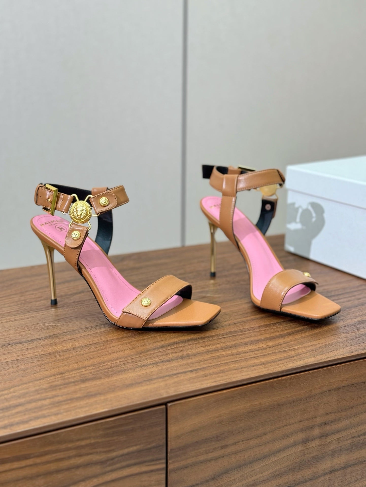 BALMAIN 25S HEELED EVA SANDALS 95MM IN BROWN AND PINK CALFSKIN - 36