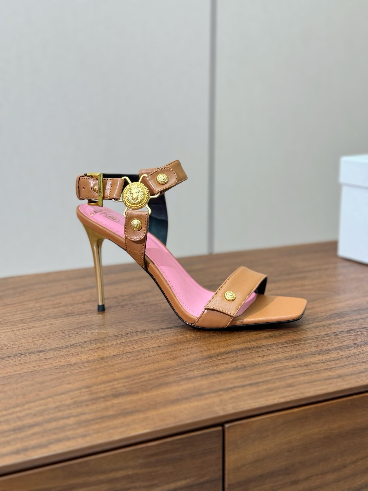 BALMAIN 25S HEELED EVA SANDALS 95MM IN BROWN AND PINK CALFSKIN - 36