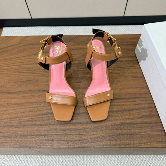 BALMAIN 25S HEELED EVA SANDALS 95MM IN BROWN AND PINK CALFSKIN - 36