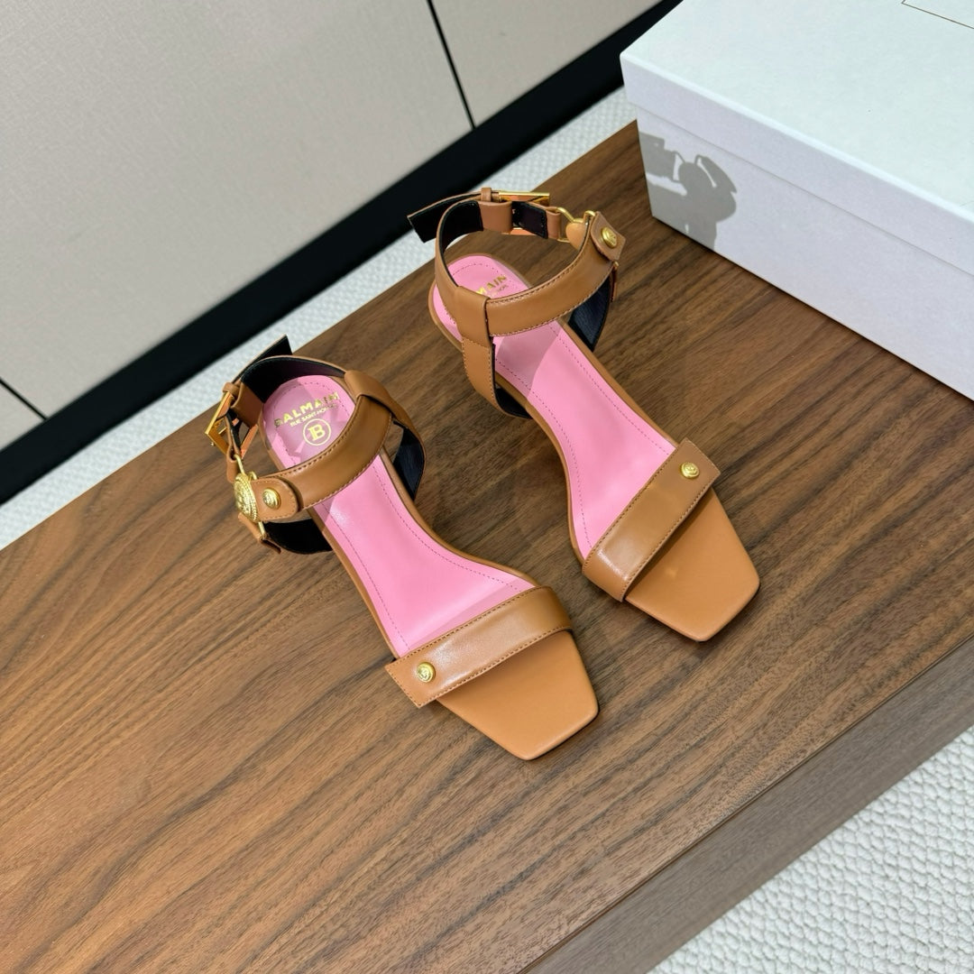 BALMAIN 25S HEELED EVA SANDALS 95MM IN BROWN AND PINK CALFSKIN - 36