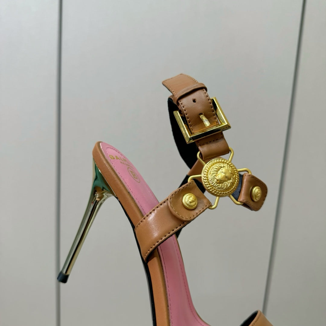 BALMAIN 25S HEELED EVA SANDALS 95MM IN BROWN AND PINK CALFSKIN - 36