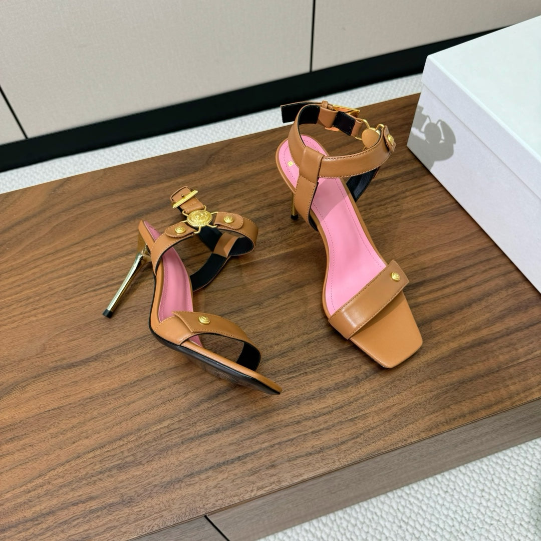 BALMAIN 25S HEELED EVA SANDALS 95MM IN BROWN AND PINK CALFSKIN - 36
