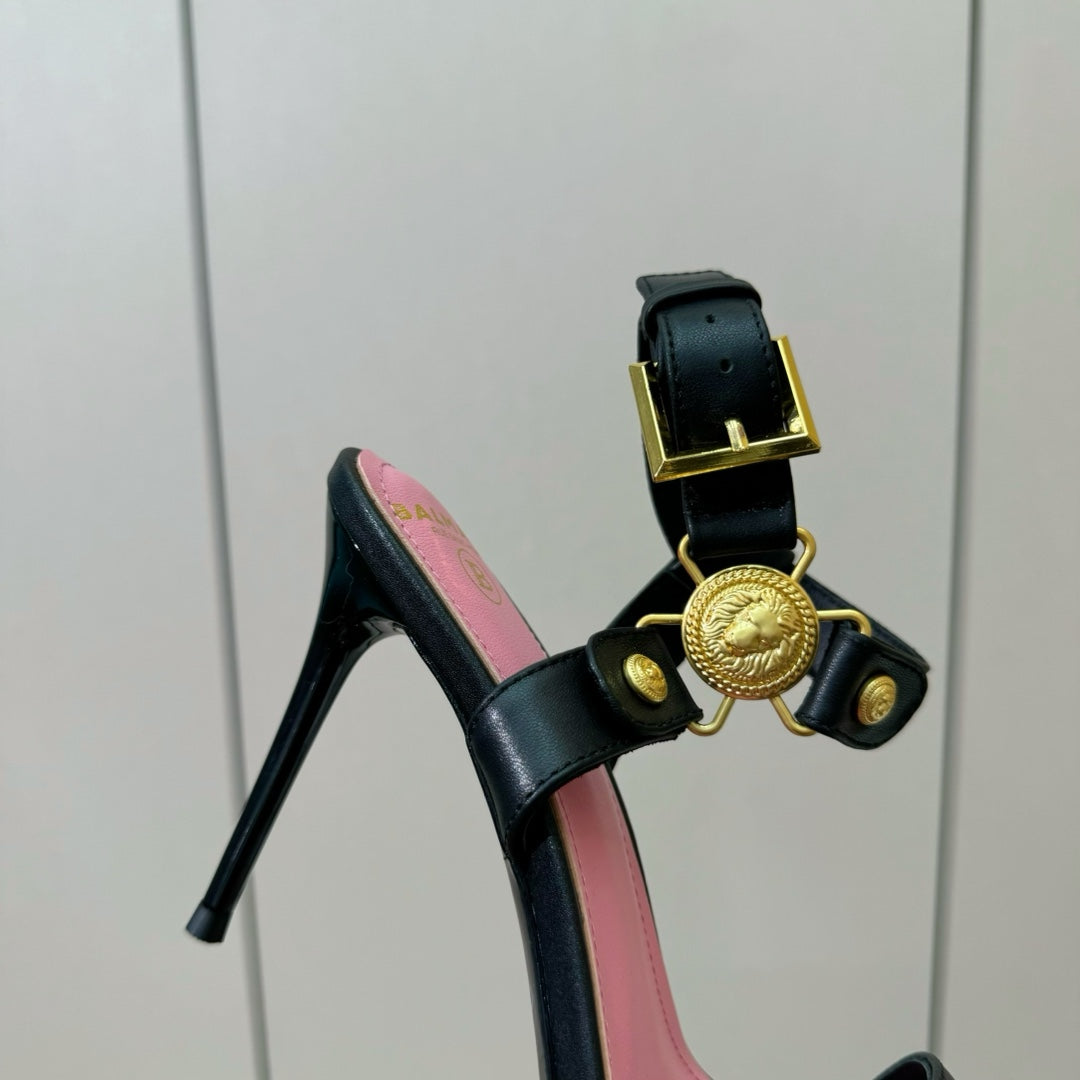 BALMAIN 25S HEELED EVA SANDALS 95MM IN BLACK AND PINK CALFSKIN - 36