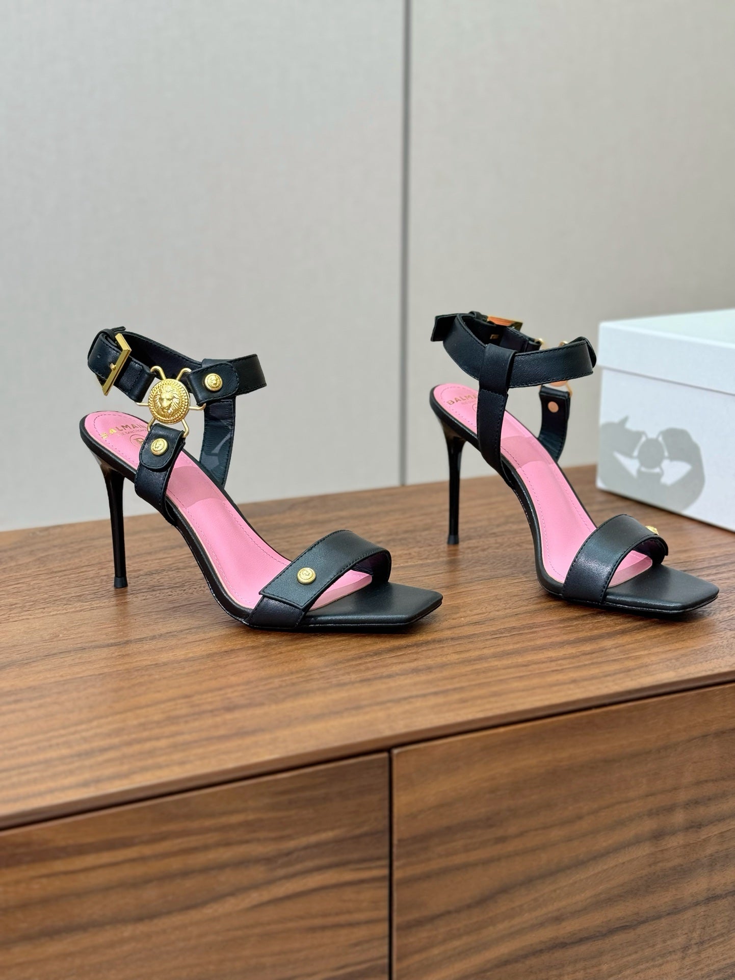 BALMAIN 25S HEELED EVA SANDALS 95MM IN BLACK AND PINK CALFSKIN - 36