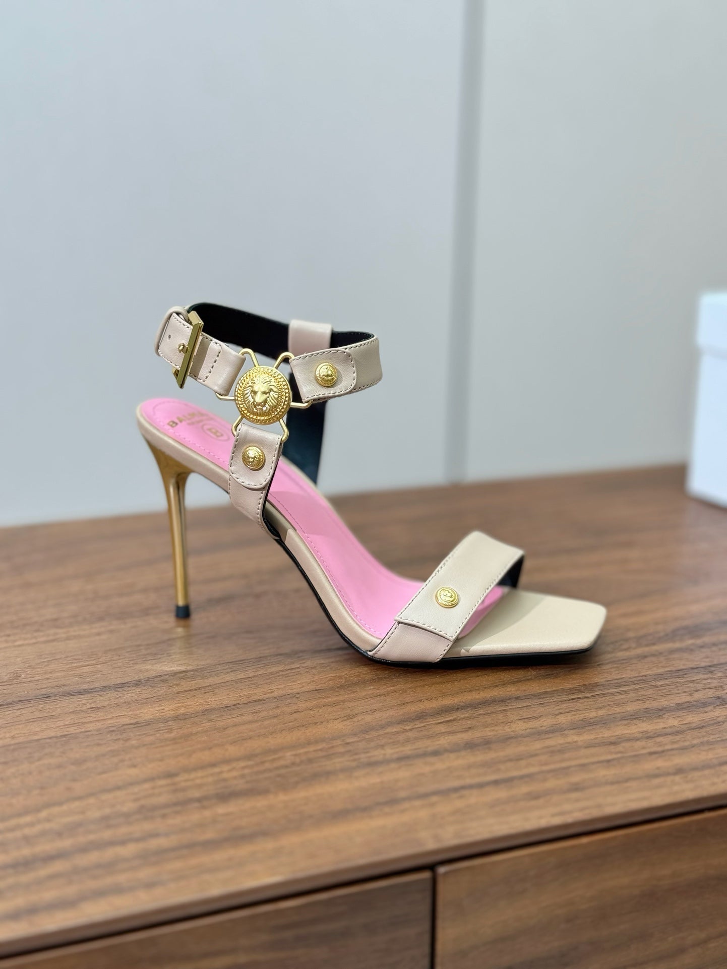 BALMAIN 25S HEELED EVA SANDALS 95MM IN BEIGE AND PINK CALFSKIN - 36
