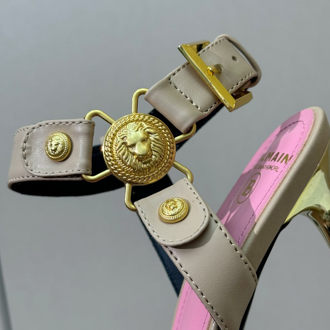 BALMAIN 25S HEELED EVA SANDALS 95MM IN BEIGE AND PINK CALFSKIN - 36