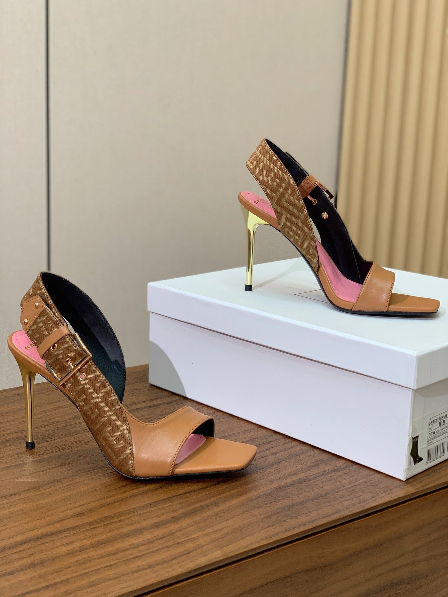 BALMAIN 25S JACQUARD KNIT SLINGBACK PUMPS 95MM IN BROWN AND PINK CALFSKIN - 36