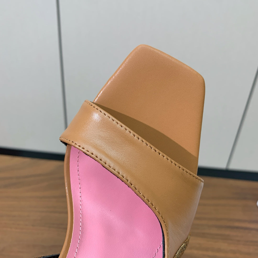 BALMAIN 25S JACQUARD KNIT SLINGBACK PUMPS 95MM IN BROWN AND PINK CALFSKIN - 36