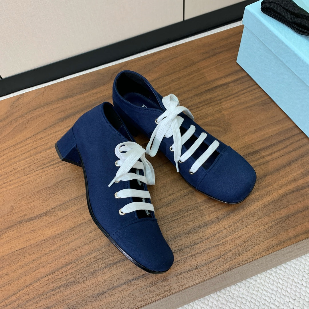 LACE-UP HIGH SHOES IN NAVY BLUE CANVAS - 35
