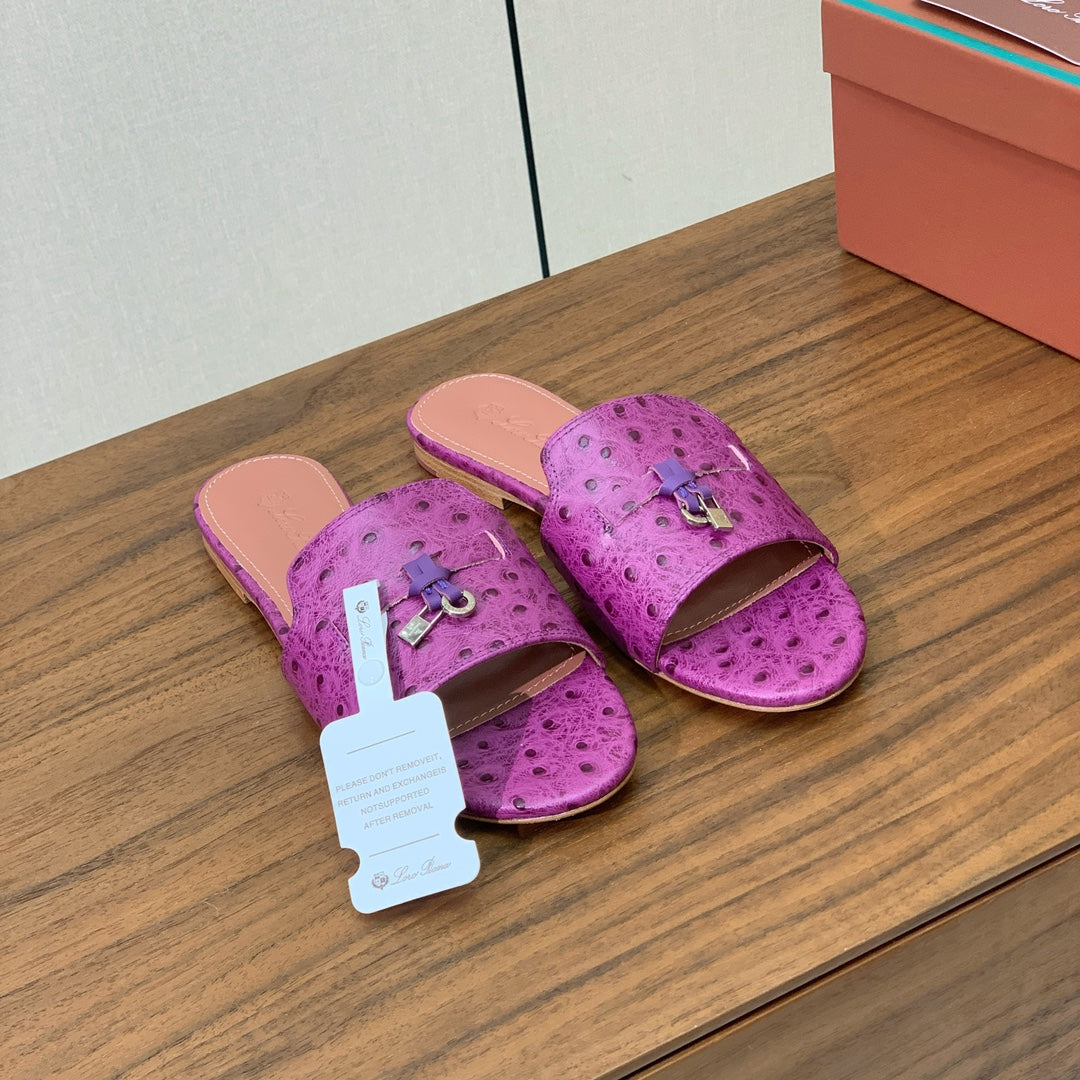 FLAT SLIPPERS IN PURPLE LAMBSKIN OSTRICH SKIN - 34
