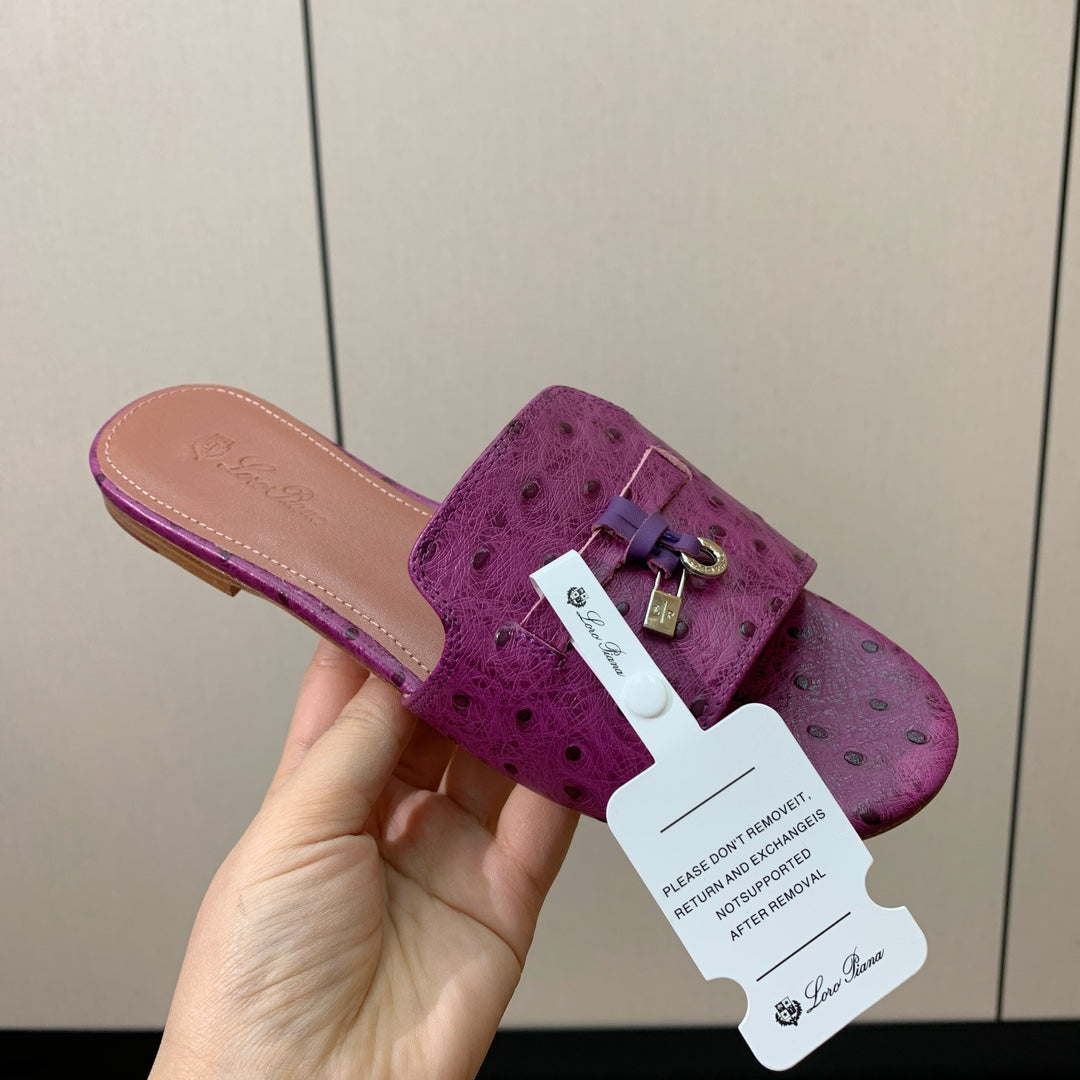FLAT SLIPPERS IN PURPLE LAMBSKIN OSTRICH SKIN - 34