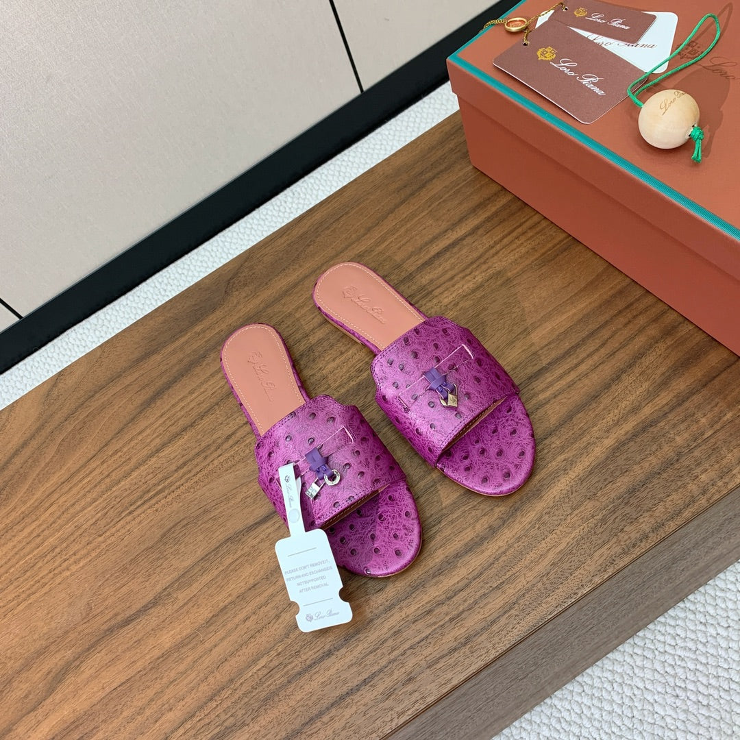 FLAT SLIPPERS IN PURPLE LAMBSKIN OSTRICH SKIN - 34