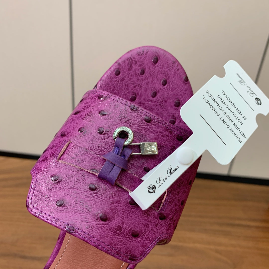 FLAT SLIPPERS IN PURPLE LAMBSKIN OSTRICH SKIN - 34