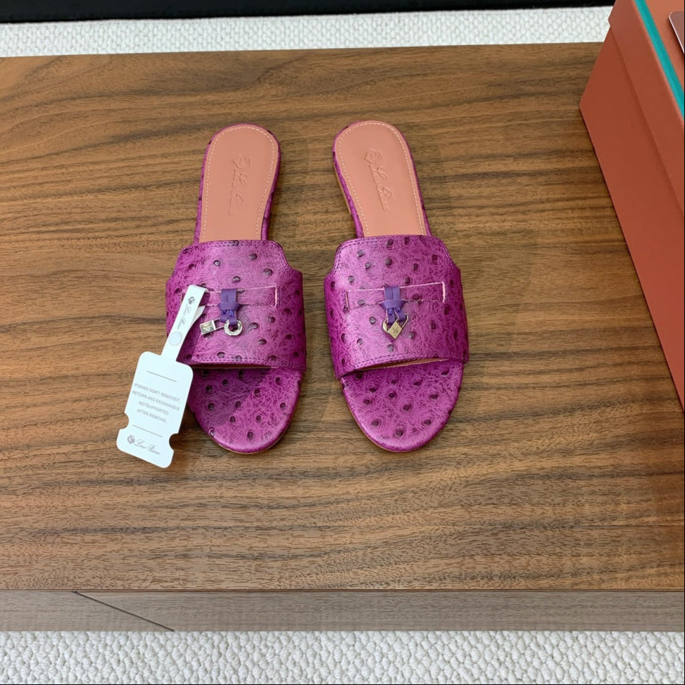 FLAT SLIPPERS IN PURPLE LAMBSKIN OSTRICH SKIN - 34