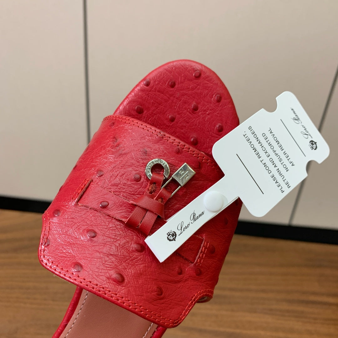 FLAT SLIPPERS IN RED LAMBSKIN OSTRICH SKIN - 34