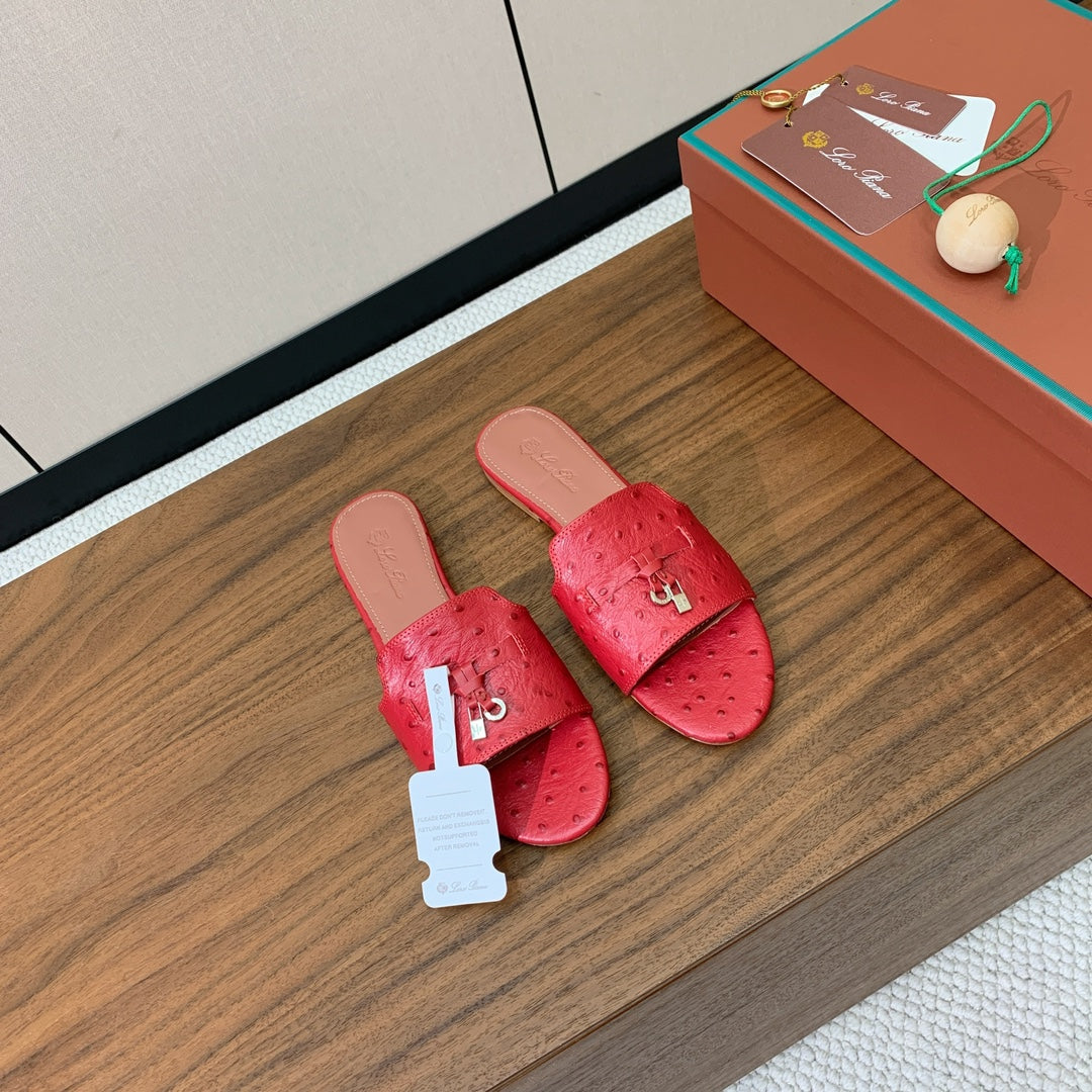 FLAT SLIPPERS IN RED LAMBSKIN OSTRICH SKIN - 34