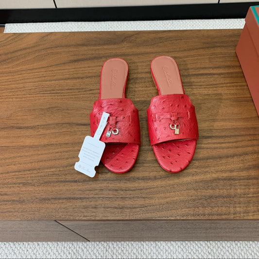 FLAT SLIPPERS IN RED LAMBSKIN OSTRICH SKIN - 34