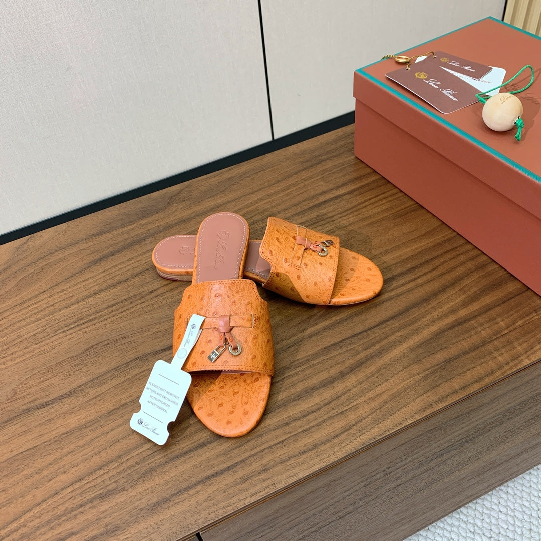 FLAT SLIPPERS IN ORANGE LAMBSKIN OSTRICH SKIN - 34