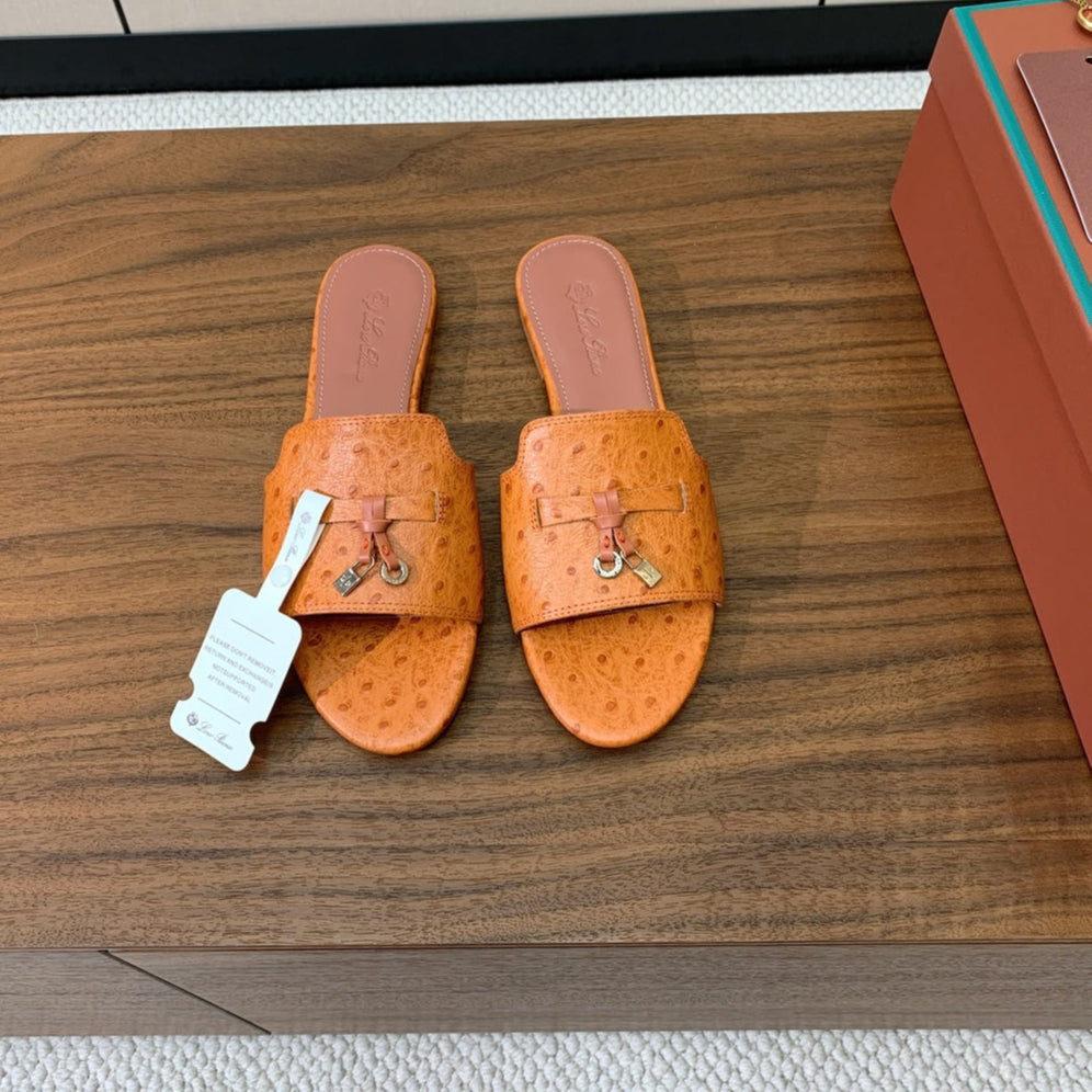 FLAT SLIPPERS IN ORANGE LAMBSKIN OSTRICH SKIN - 34