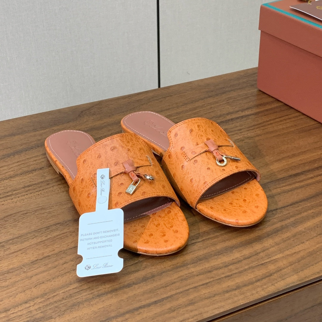 FLAT SLIPPERS IN ORANGE LAMBSKIN OSTRICH SKIN - 34