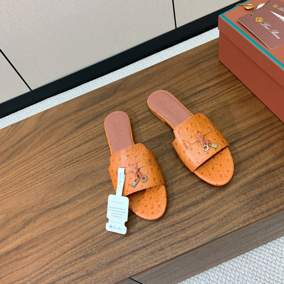 FLAT SLIPPERS IN ORANGE LAMBSKIN OSTRICH SKIN - 34