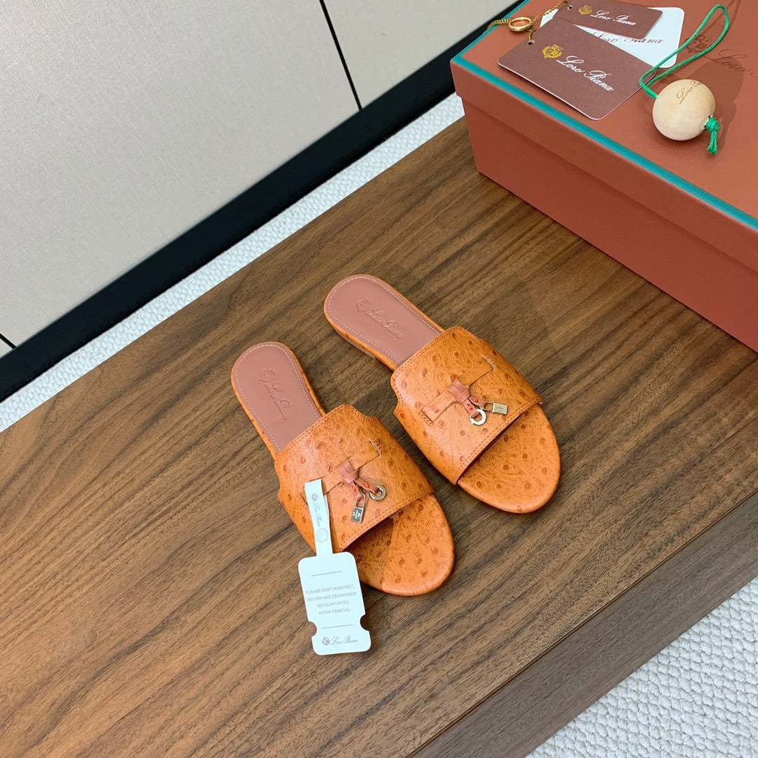 FLAT SLIPPERS IN ORANGE LAMBSKIN OSTRICH SKIN - 34