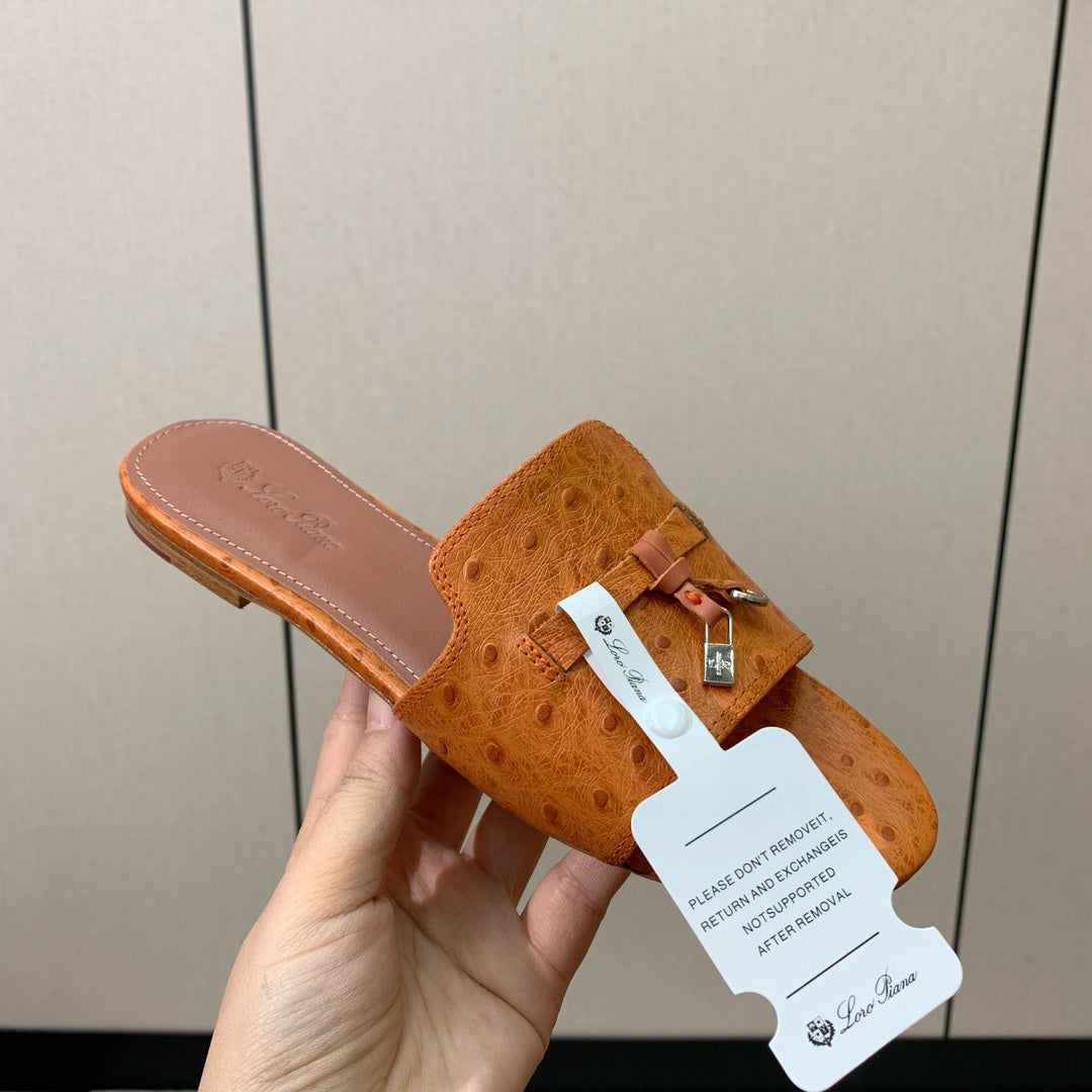 FLAT SLIPPERS IN ORANGE LAMBSKIN OSTRICH SKIN - 34