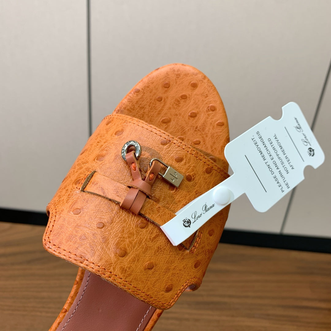 FLAT SLIPPERS IN ORANGE LAMBSKIN OSTRICH SKIN - 34
