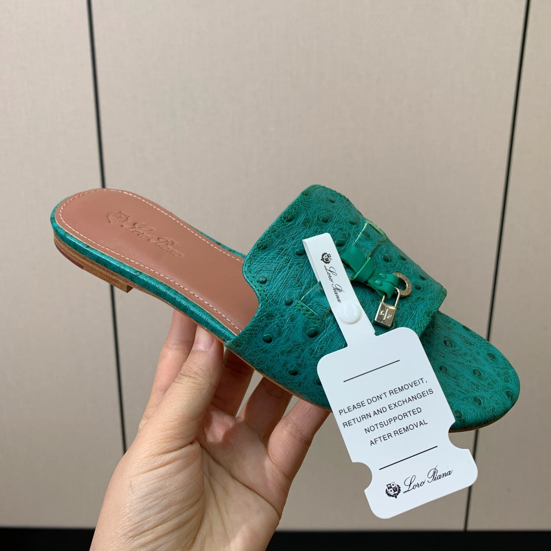 FLAT SLIPPERS IN TEAL GREEN LAMBSKIN OSTRICH SKIN - 34
