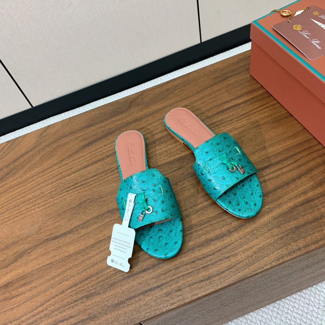 FLAT SLIPPERS IN TEAL GREEN LAMBSKIN OSTRICH SKIN - 34