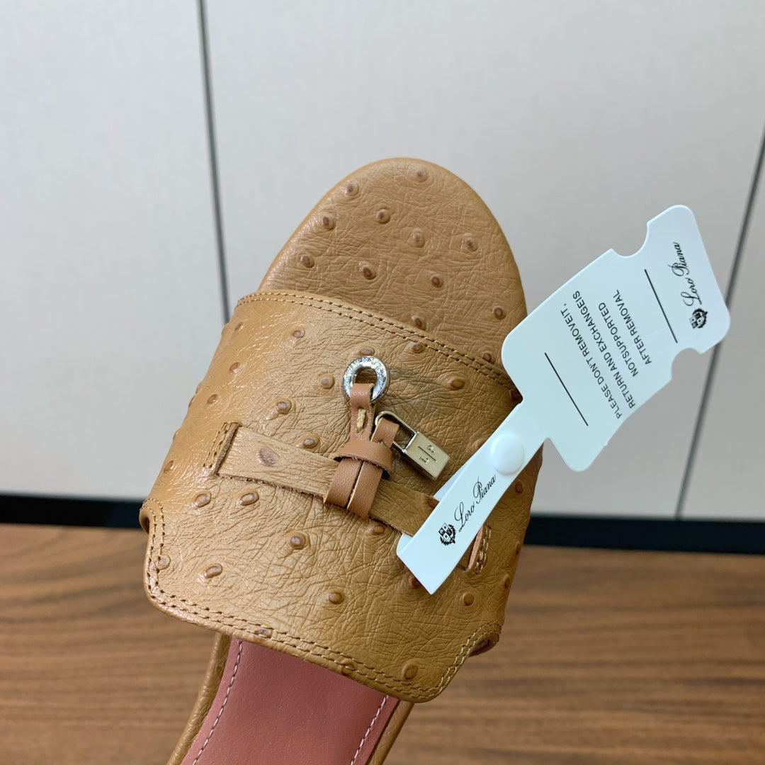 FLAT SLIPPERS IN LIGHT BROWN LAMBSKIN OSTRICH SKIN - 34