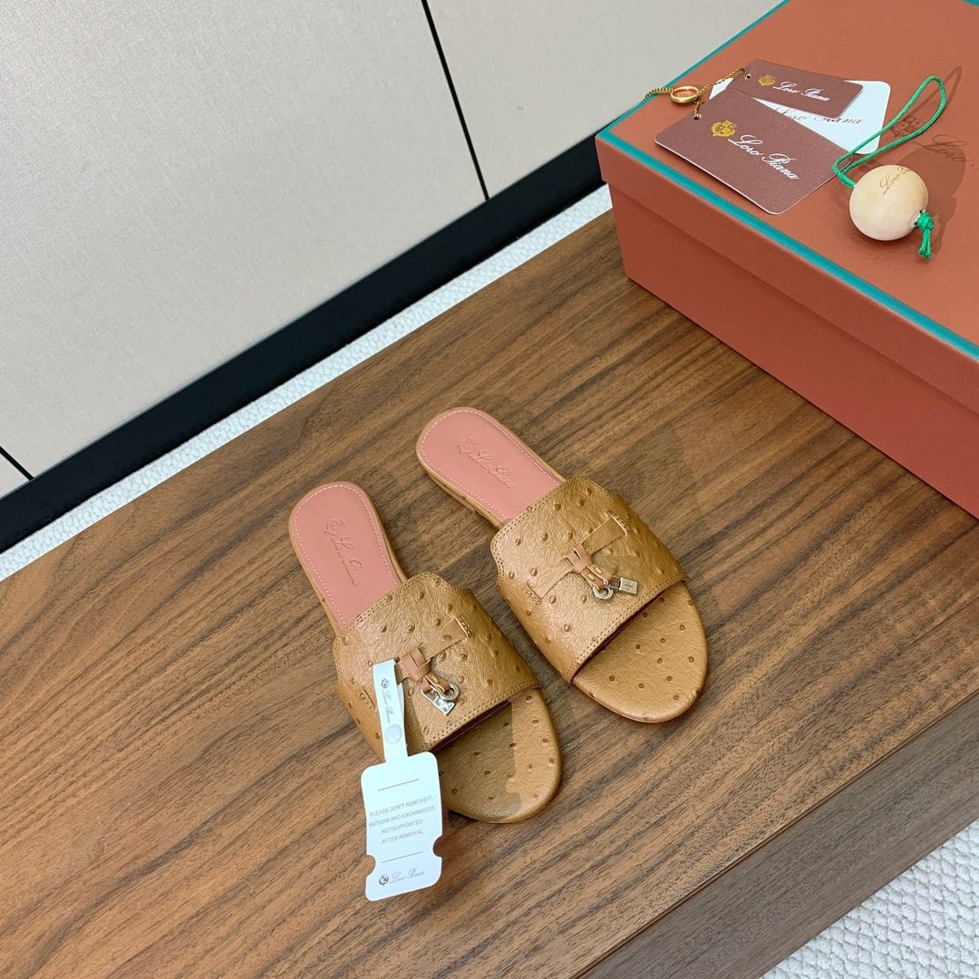 FLAT SLIPPERS IN LIGHT BROWN LAMBSKIN OSTRICH SKIN - 34