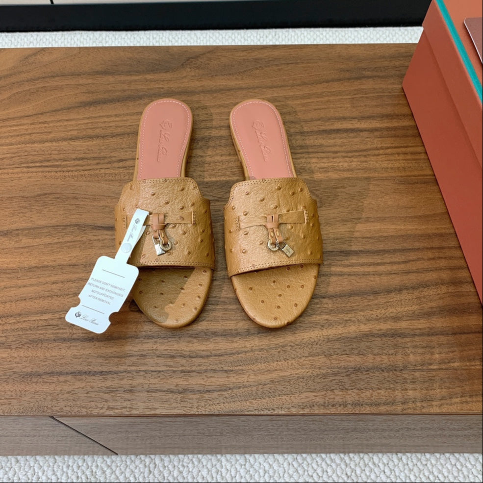FLAT SLIPPERS IN LIGHT BROWN LAMBSKIN OSTRICH SKIN - 34