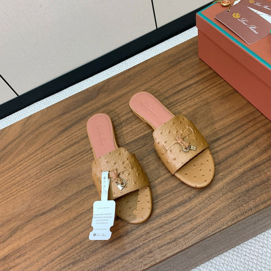 FLAT SLIPPERS IN LIGHT BROWN LAMBSKIN OSTRICH SKIN - 34